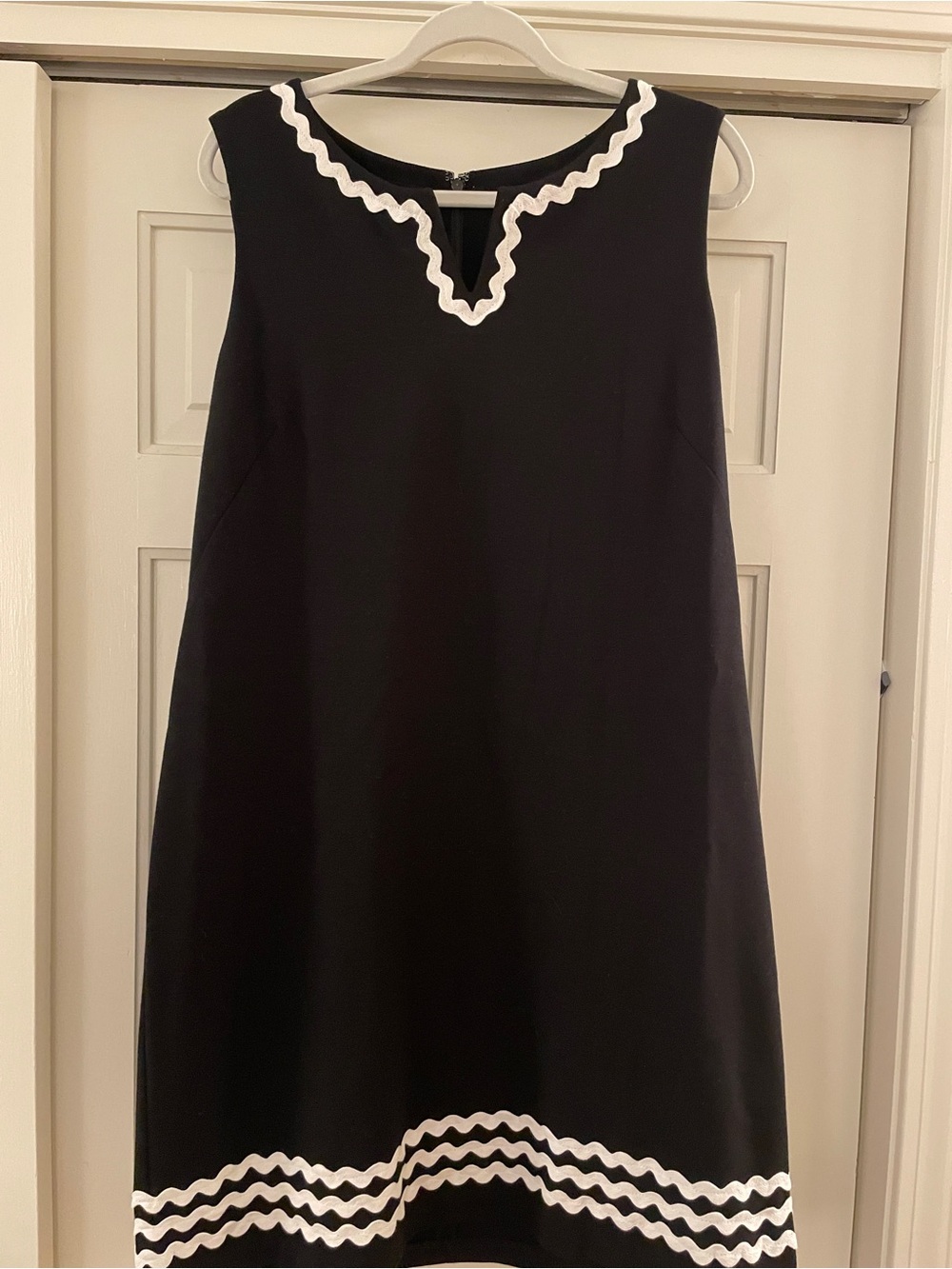 Black Sleeveless Talbots Dress with White Wave Trim